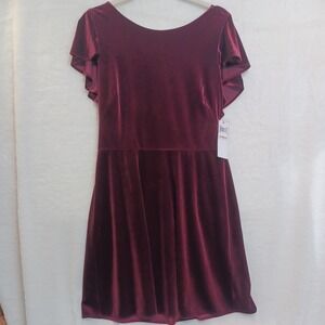NEW London Times Sz 12 Velvet Dress Wine Red Stretch Short Flutter‎ Sleeve